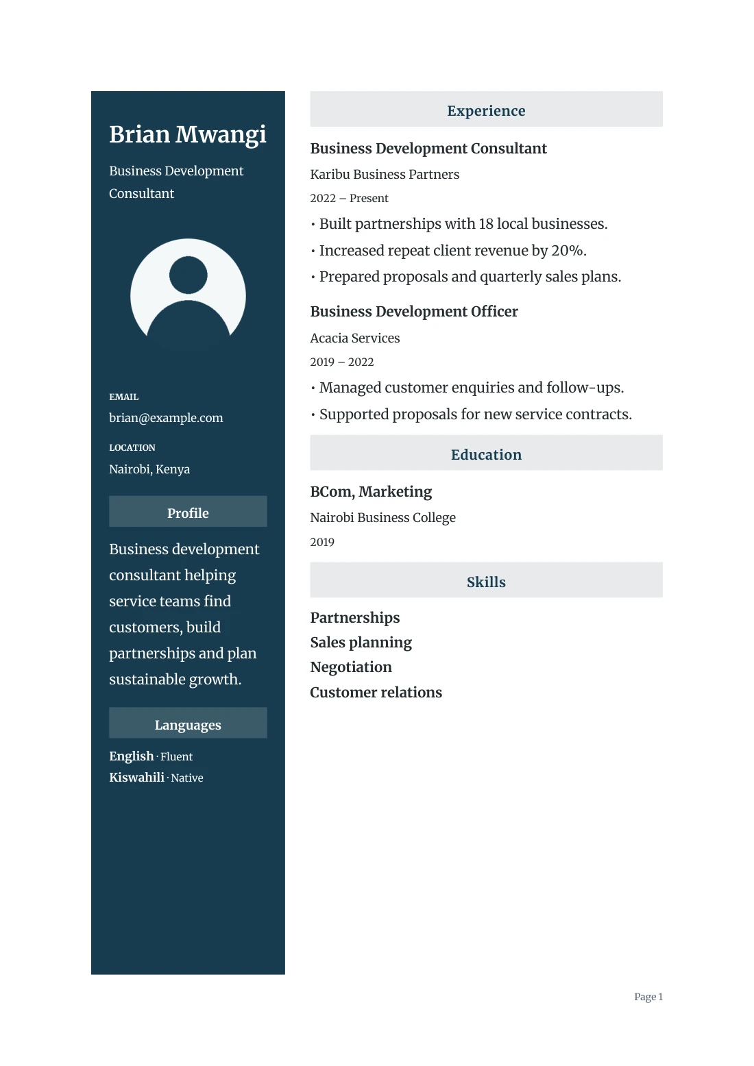 Completed sample CV using the Kampala template