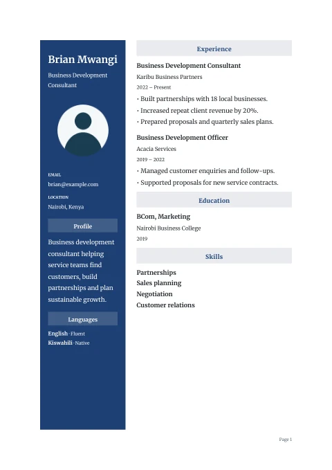 Kampala CV sample with a dark photo sidebar and pale section bars