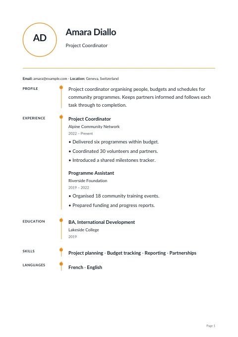 Geneva CV sample with orange accents and aligned section labels