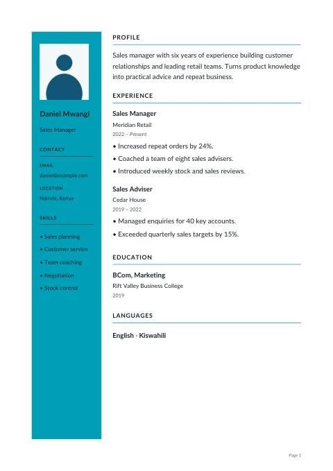 Amsterdam CV sample with a teal sidebar and optional photo